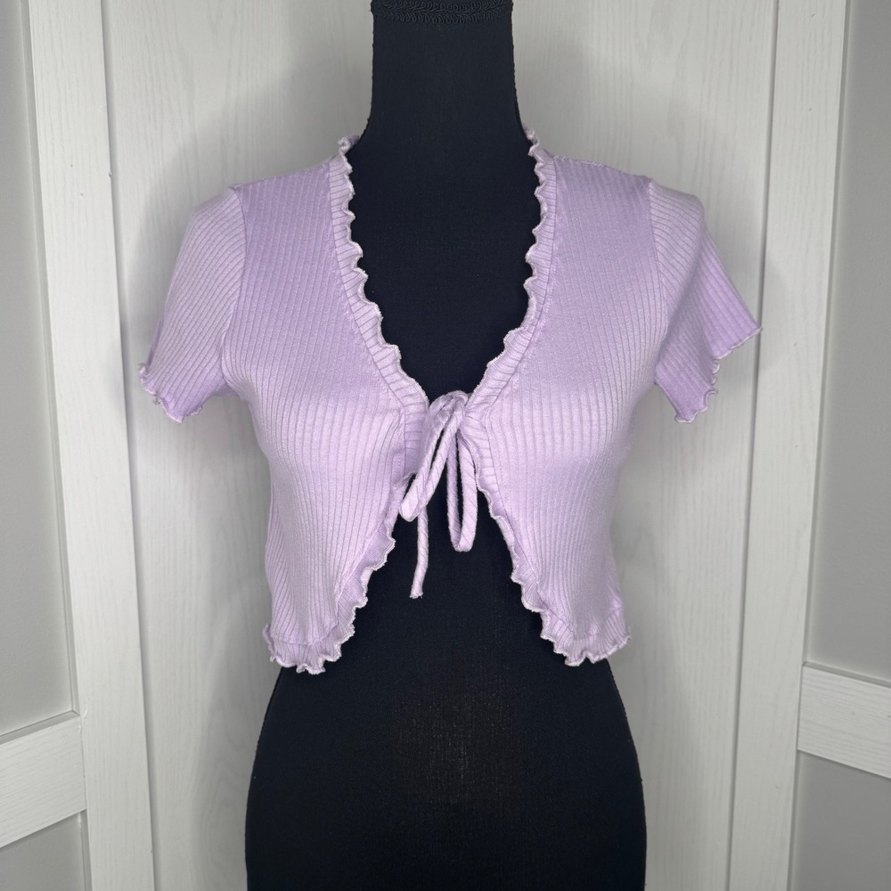 Saints 21 Cardigan Women‎ Medium Lilac Ribbed Lettuce Edge Front Tie Crop Top